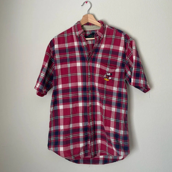 The Disney Store Vintage Mickey Mouse Red Plaid Button Down Short Sleeve Shirt M - Picture 2 of 9